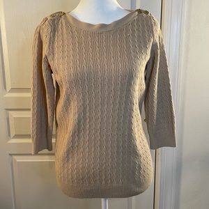 Karen Scott Tan Sweater. Size Petite L. Gold buttons on shoulders.